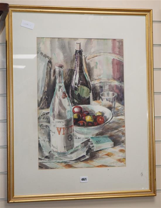 Percy Hague Jowett, watercolour, Still life of bottles on a table top, signed and dated 1931, 51 x 35cm